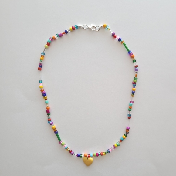 Rainbow Beaded Necklace With Heart Charm - Picture 1 of 7
